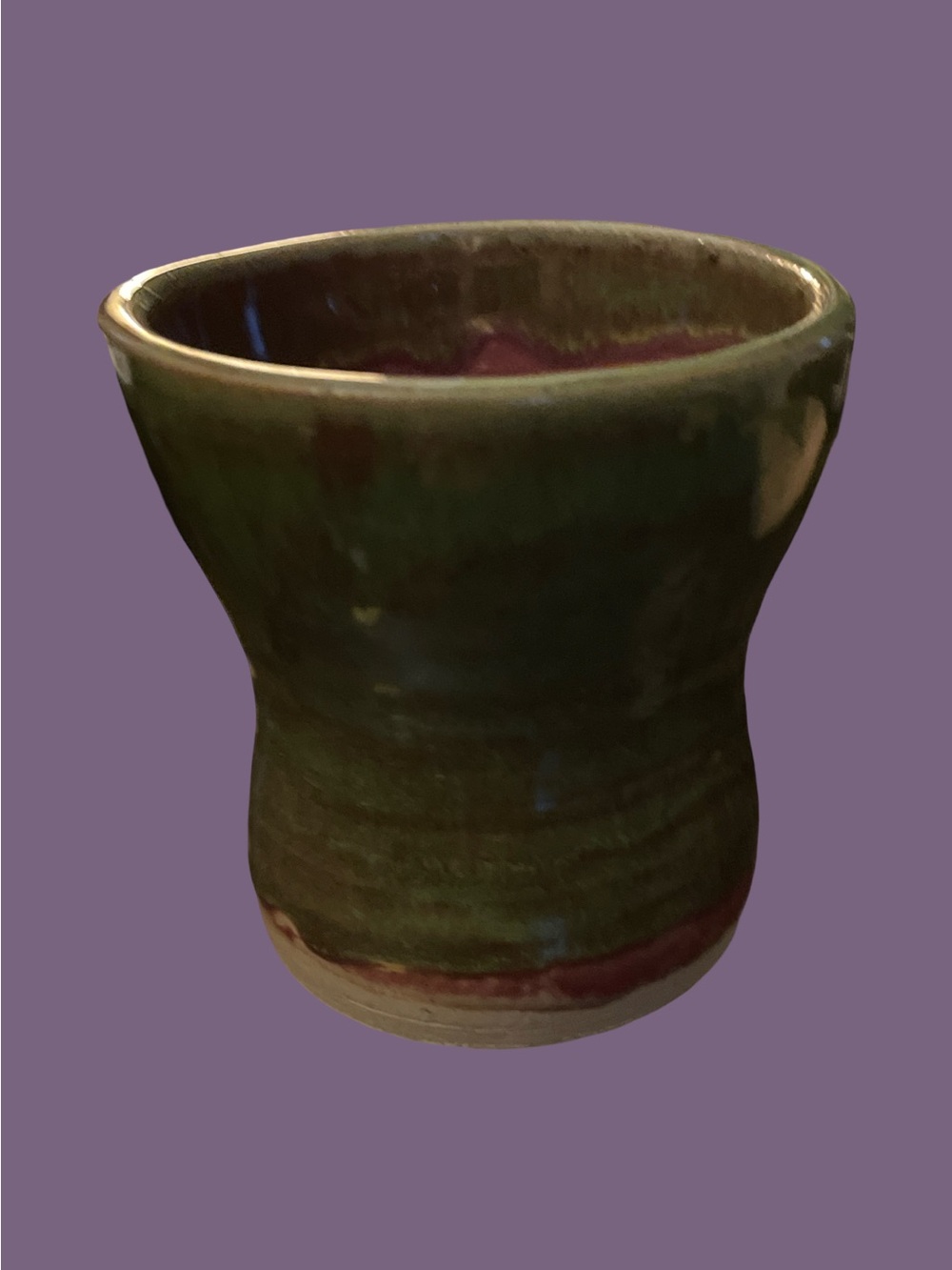 Hand-thrown Art Pottery 3.25” Green & Brown Vase/Cup, Cup Signed LT